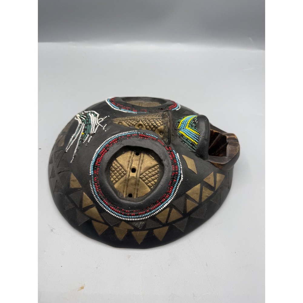 Hand Carved‎ African Beaded Wood Mask Bird Motif Brass Metal Inlay Wall Art 9" - Picture 5 of 7